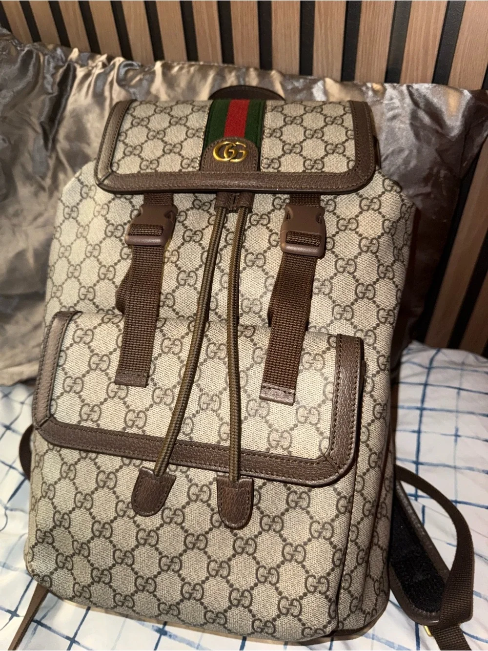 Gucci Beige GG Supreme Canvas Backpack with Green-Red Web